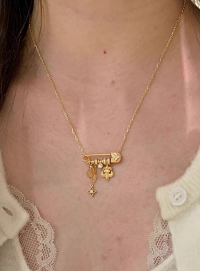 中古拉丝鸢尾花星芒别针吊坠项链女款高级感轻奢小众配饰锁骨颈链