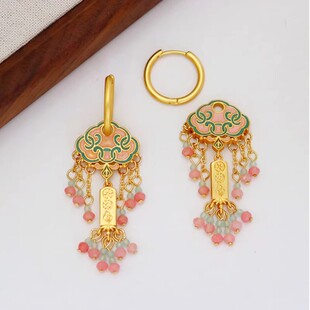 复古新中式珐琅粉色流苏耳饰女款耳钉独特2025新款耳环旗袍女耳扣