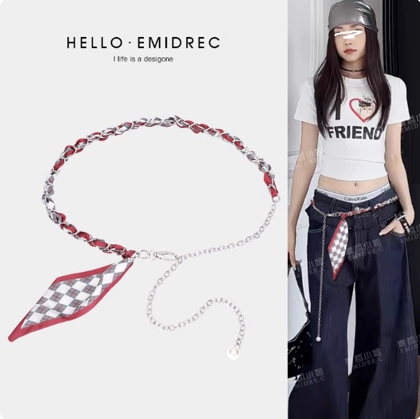 丝巾腰链配饰女款红色细腰带装饰配牛仔裤裙子编织链条皮带高级感