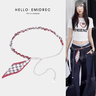 丝巾腰链配饰女款红色细腰带装饰配牛仔裤裙子编织链条皮带高级感