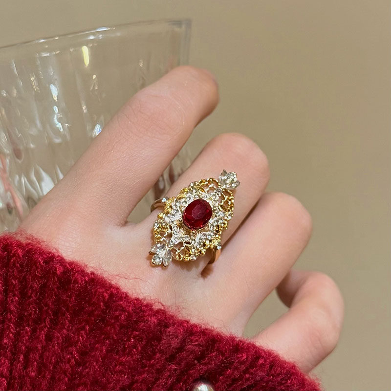 重工鸽血红卢浮宫窗花戒指金色椭圆双色花丝指环女高级食指戒宫廷