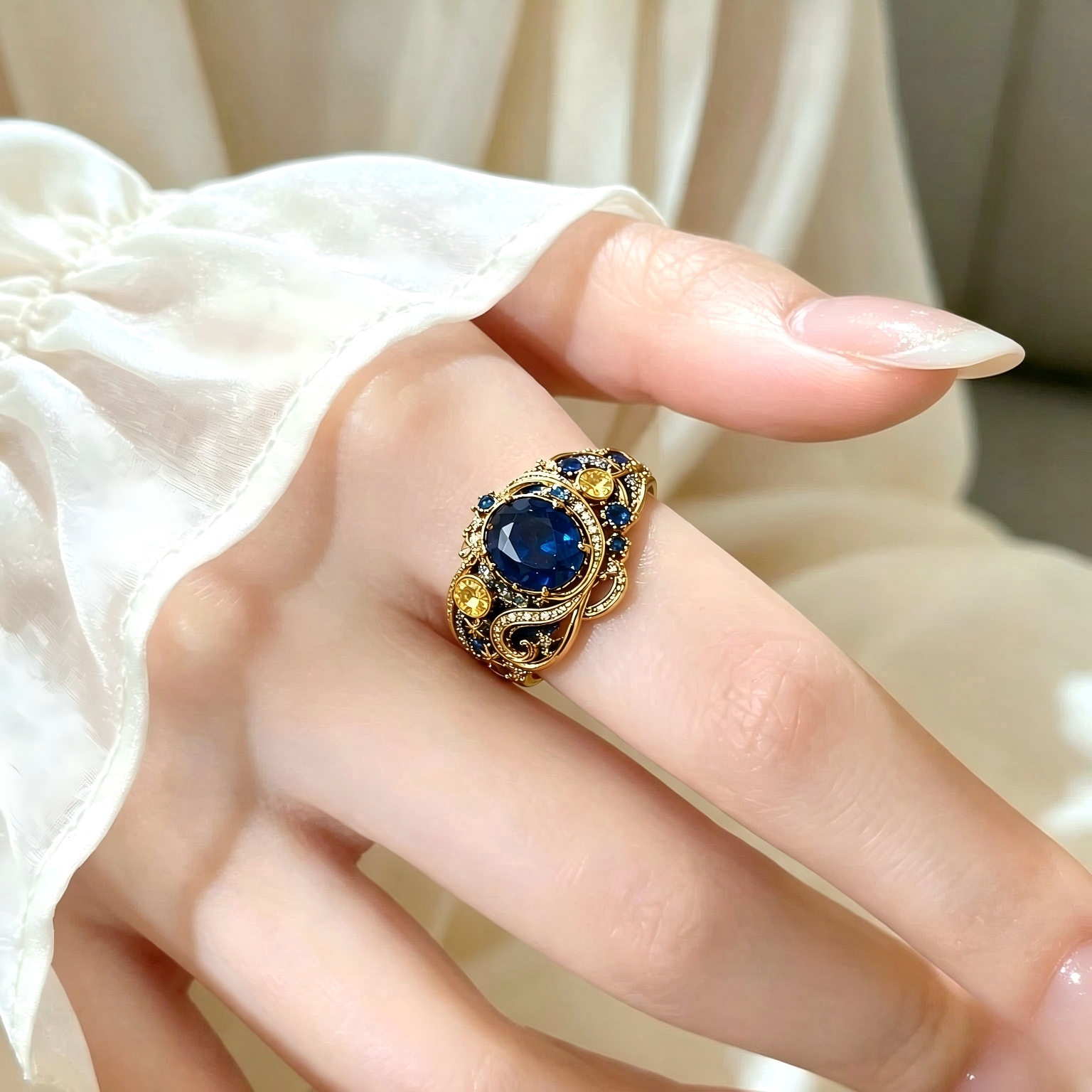 中古系列丨油画星空双层珐琅星芒戒指艺术感贵妇奢华高级感女优雅
