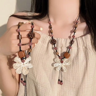 波西米亚风~新中式花朵串珠编织项链女民族风复古长款高级感颈链
