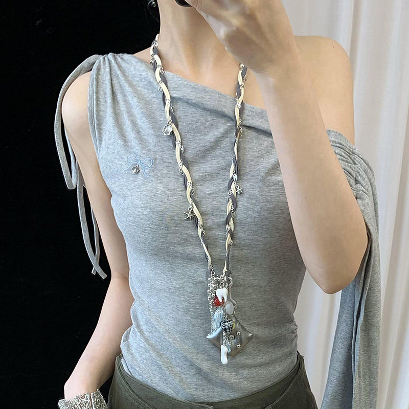 银色编绳抱枕项链女小众设计感朋克长款卫衣链挂脖甜酷辣妹配饰品