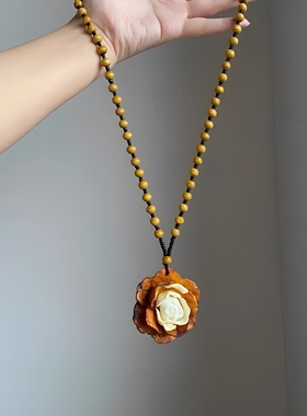 「枯木逢春」复古棕色串珠花朵项链独特百搭气质长款美拉德锁骨链