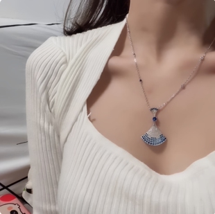 高级气质满钻扇子耳环渐变蓝钻裙子项链女锁骨链双层扇形耳钉耳饰