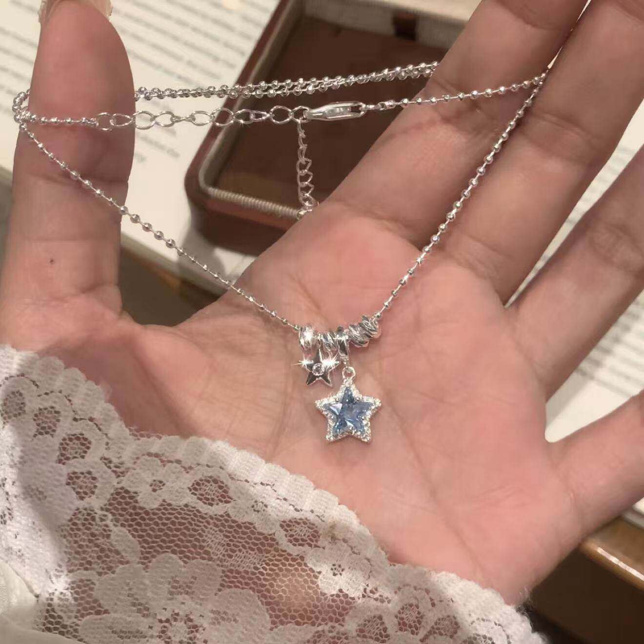 蓝色星星锁骨项链轻奢小众新款