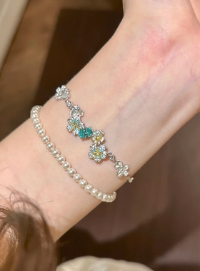 超美配色！粉钻金拉丝繁花华丽轻奢风手链女海蓝宝闪钻繁花银手饰