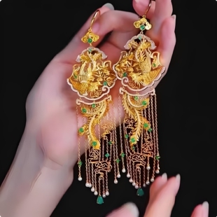 古风凤凰于飞祖母绿步摇耳坠女新中式复古风牡丹拉丝流苏耳环耳饰
