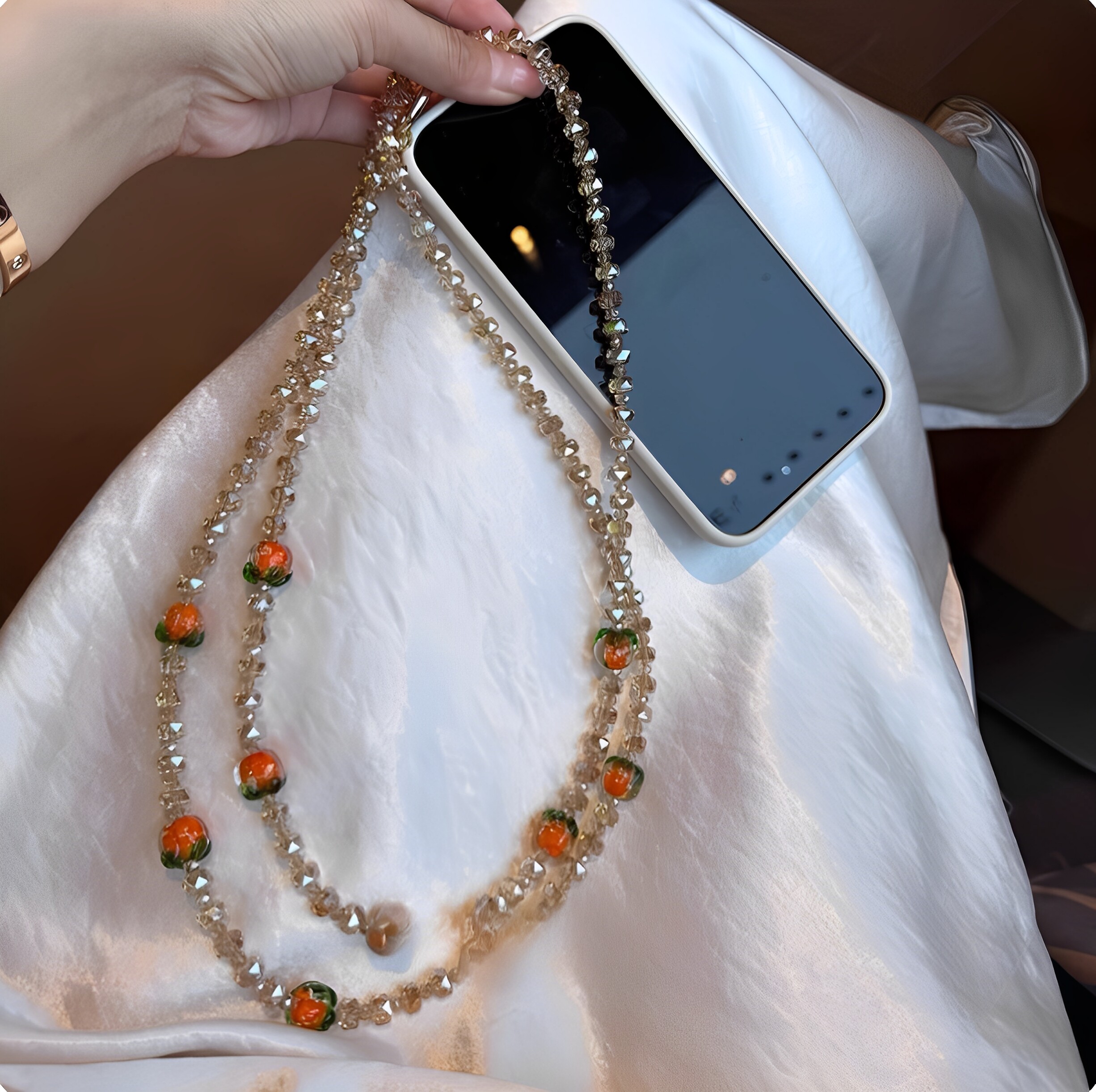 柿柿如意手机链精致琉璃柿子挂链挂手腕斜挎包黄水晶链条壳斜背包