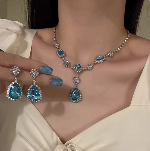 气质礼服蓝色闪钻项链耳环套装小众设计感高级宴会配饰颈链高级感