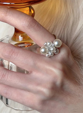 法式高级感满天星锆石珍珠开口戒指女轻奢小众设计精致气质食指戒