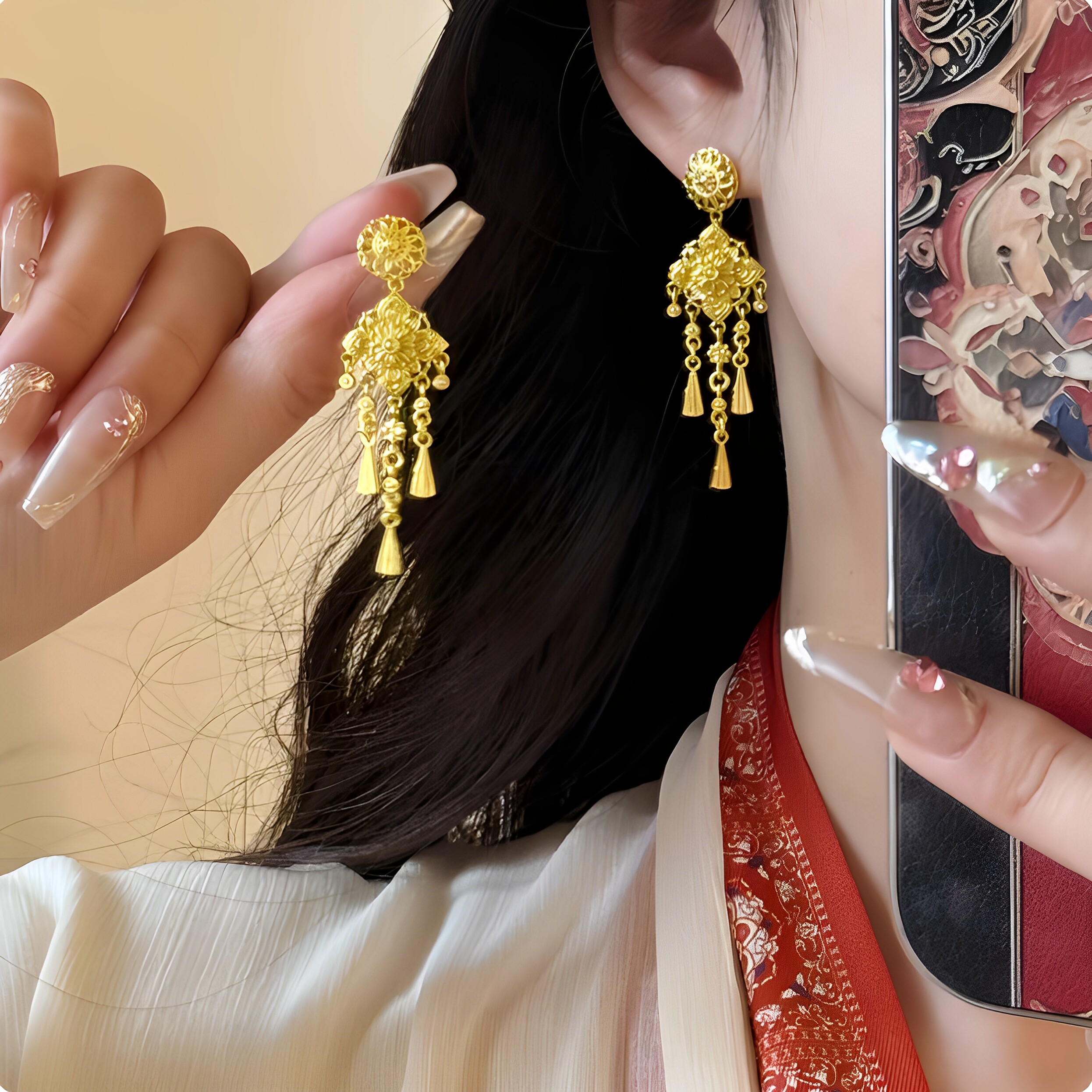 古法金色宝相花流苏耳环高级感轻奢显脸小适合圆脸的耳饰国风耳坠