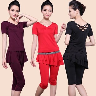 套裝 夏天廣場(chǎng)舞服裝 短袖 2023F成人女跳舞演出服七分褲 女新款 練功