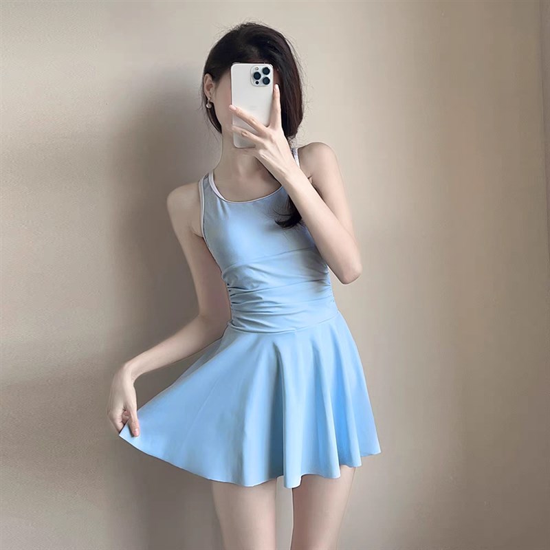 游泳馆泳衣女款夏k连体平角蓝色小个子泳池微胖女孩遮肉保守高级