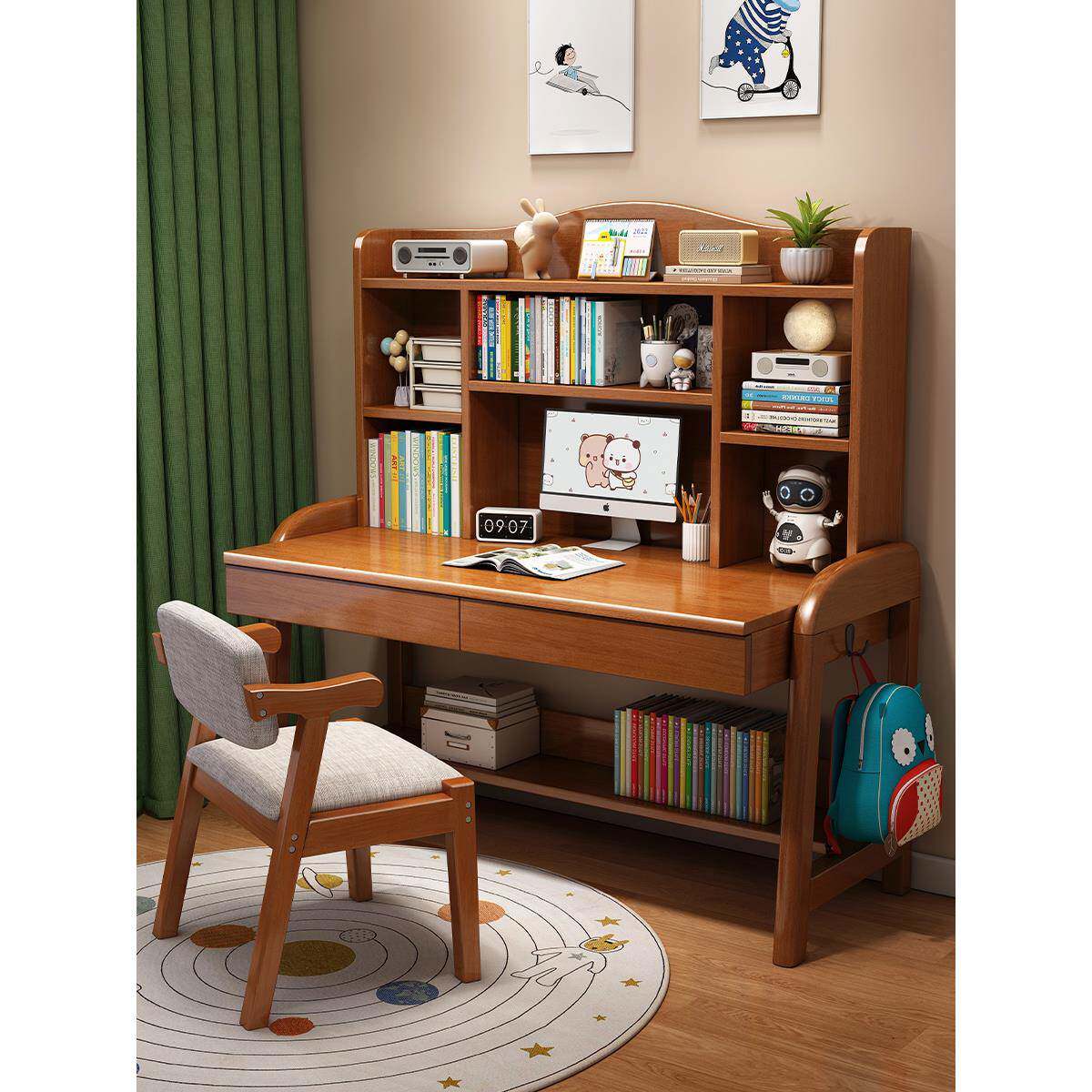 实木儿童学习桌子中小学生书桌带书架小孩子可升降家用写字课桌椅