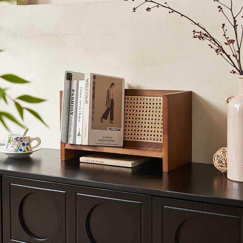 北欧创意侘寂风小型书架家用落地杂志架桌面书报藤编收纳架子