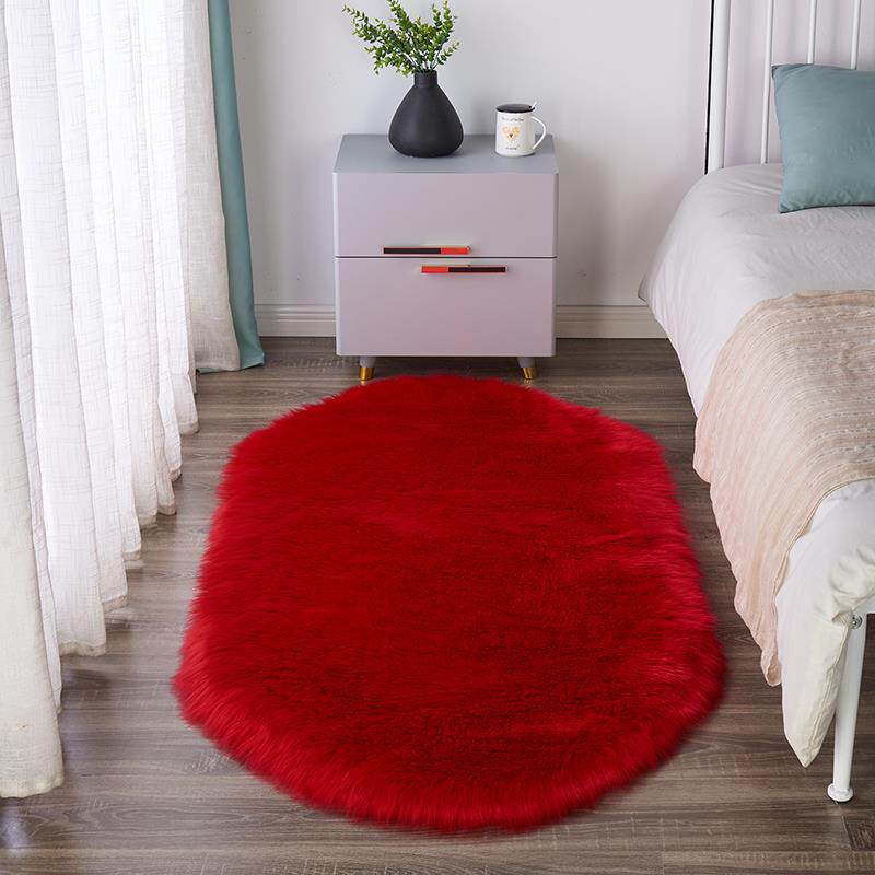 大红色地毯椭圆形卧室床边毯长毛绒家用床前婚房毛毯婚庆结婚地垫