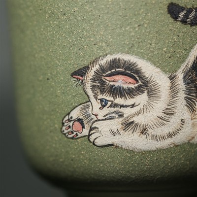 宜兴紫砂c主人杯猫咪喵喵茶杯子全纯手工泥绘大容量原矿豆青砂绿