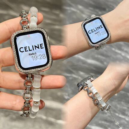 新款ins风Applewatch8竹节猫眼石链条表带苹果手表7654321金属se