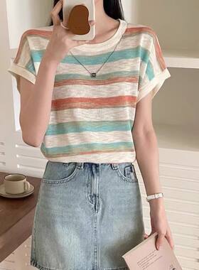 彩色条纹薄款冰丝针织短袖t恤女夏季新款设计感时尚洋气通勤上衣