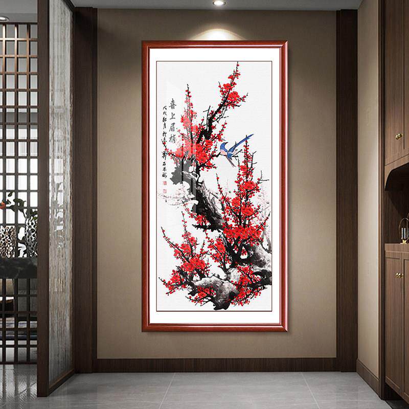 网红上眉梢玄关装饰画客新中式入户走廊过道厅背景墙国画梅花图喜