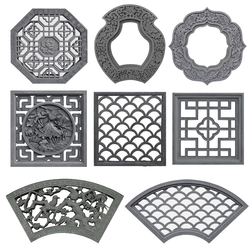 仿古砖雕镂空花窗扇形梅兰竹菊窗花中式庭院水泥窗花X围墙装饰挂