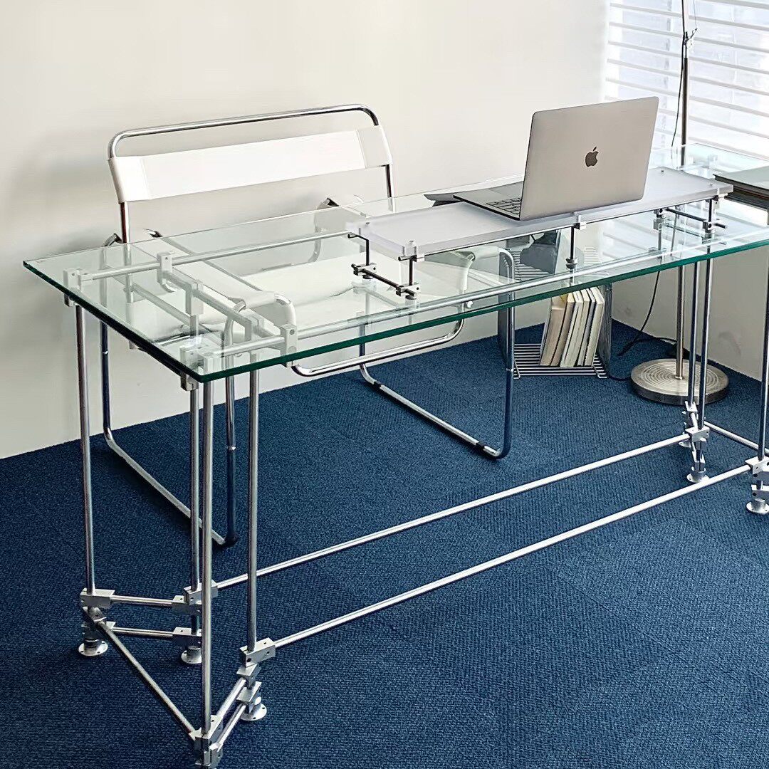 包豪斯金属钢化玻璃桌电脑桌光轴透明玻璃写字台书桌办公桌子