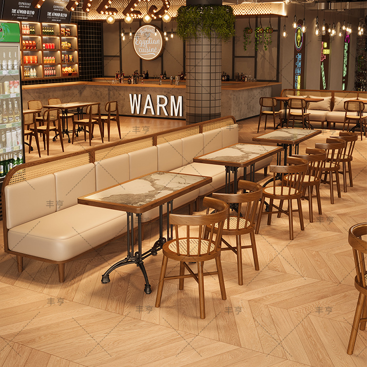 定制餐厅卡座沙发实木藤编餐饮店清吧咖啡馆西餐厅桌椅组合