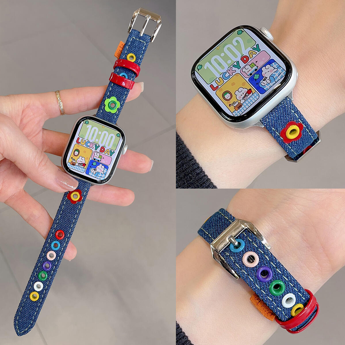 适用苹果s11手表表带花朵牛仔s10