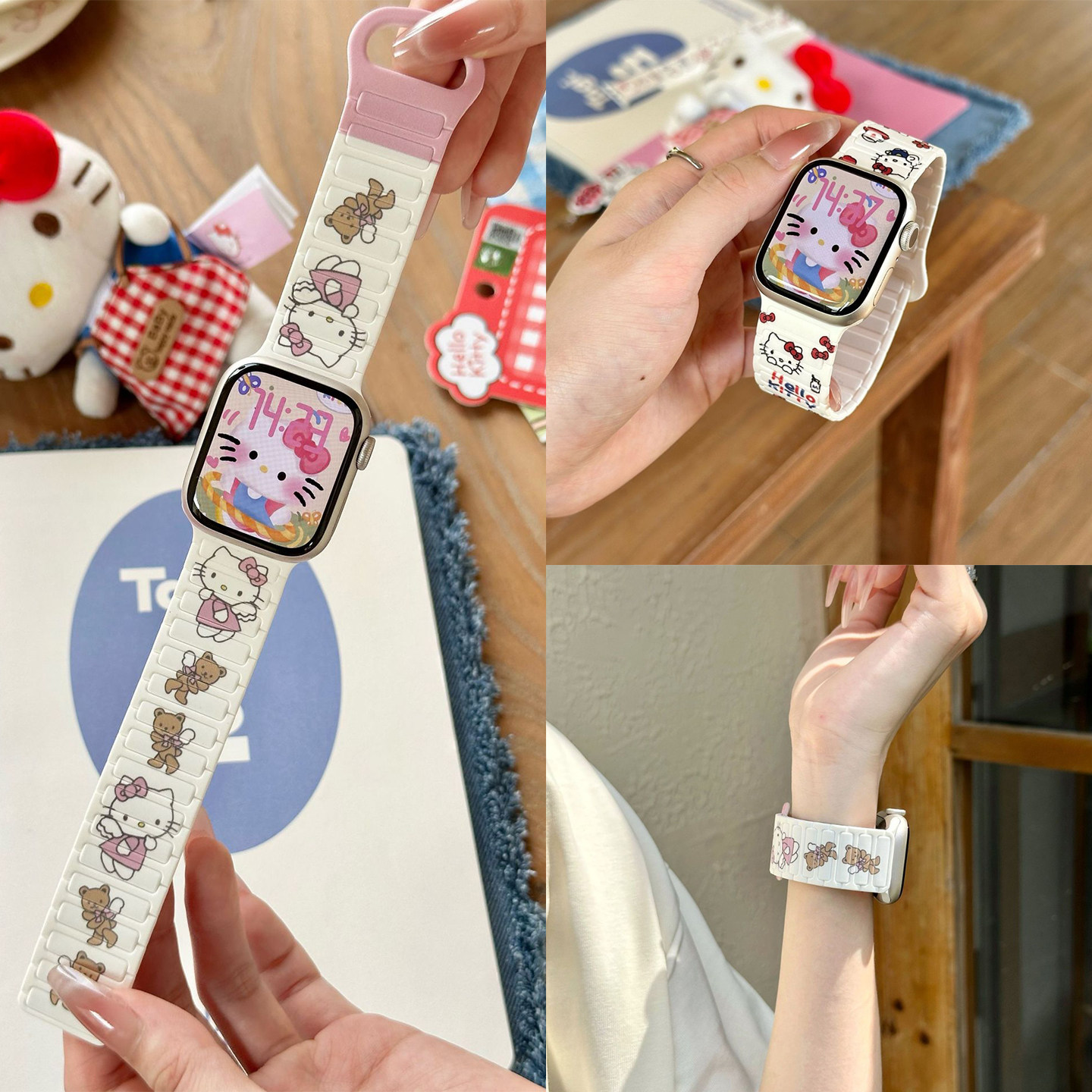 适用苹果手表表带可爱kitty猫卡通创意iwatchs9腕带磁吸硅胶高级感applewatch8/7女款替换腕带HelloKitty时尚