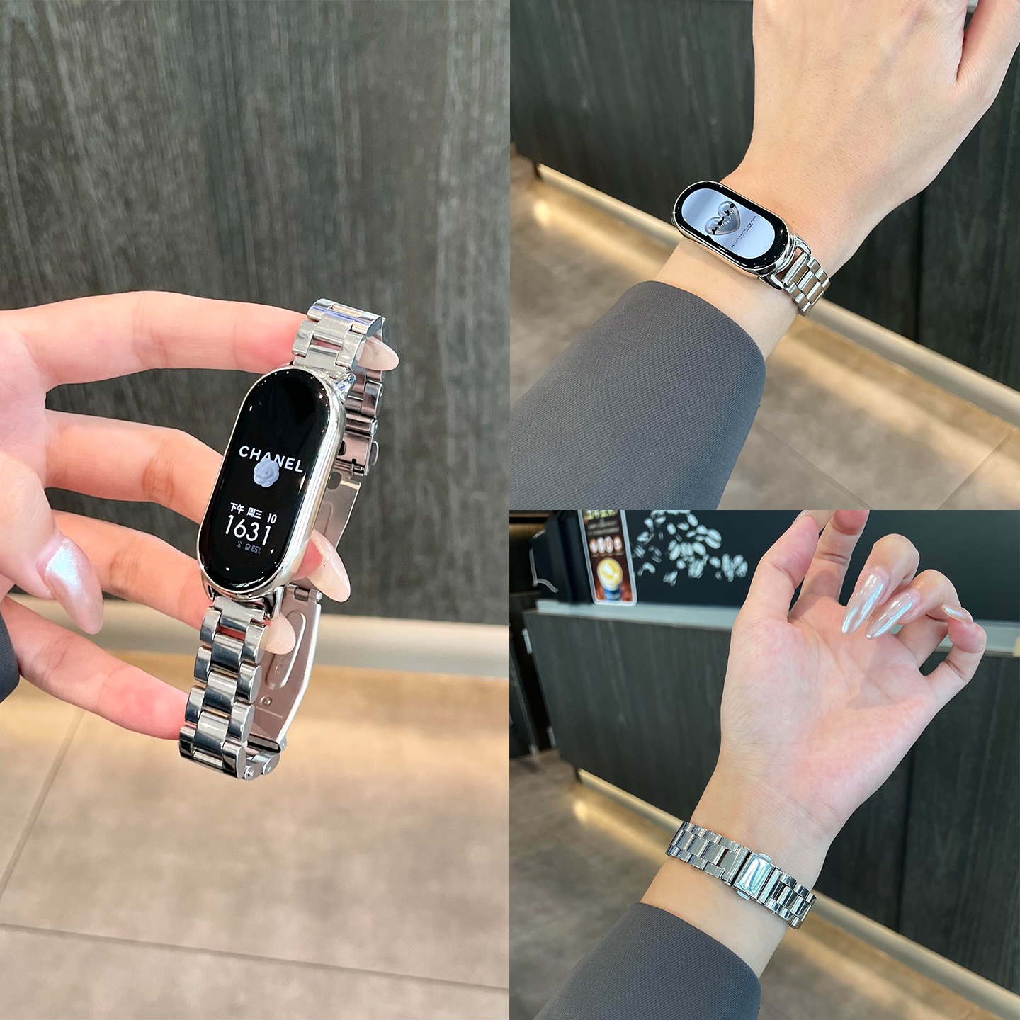 适用小米手环表带三株钢带金属银