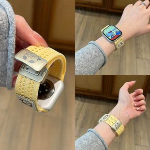适用苹果s11手表表带尼龙编织透气iwatch10可爱针织卷卷猫applewatch9卡通创意女款s8磁吸新款ultra3高级智能