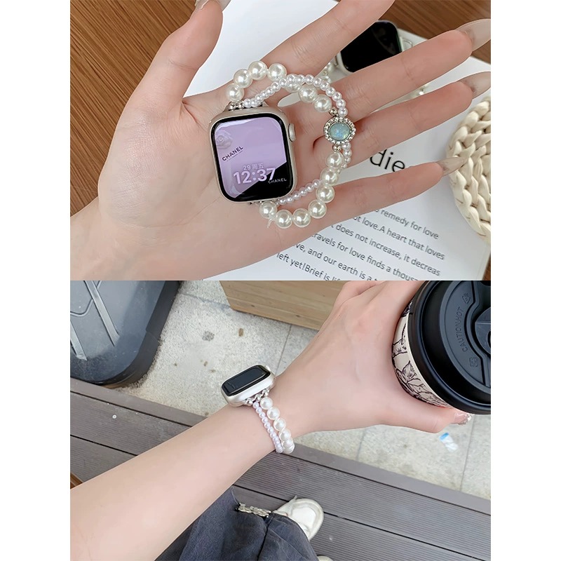 珍珠链条适用苹果S10手表表带小香风款iwatch9/8名媛千金感applewatch7/6/5/4/SE小众时尚气质女款透气表链夏