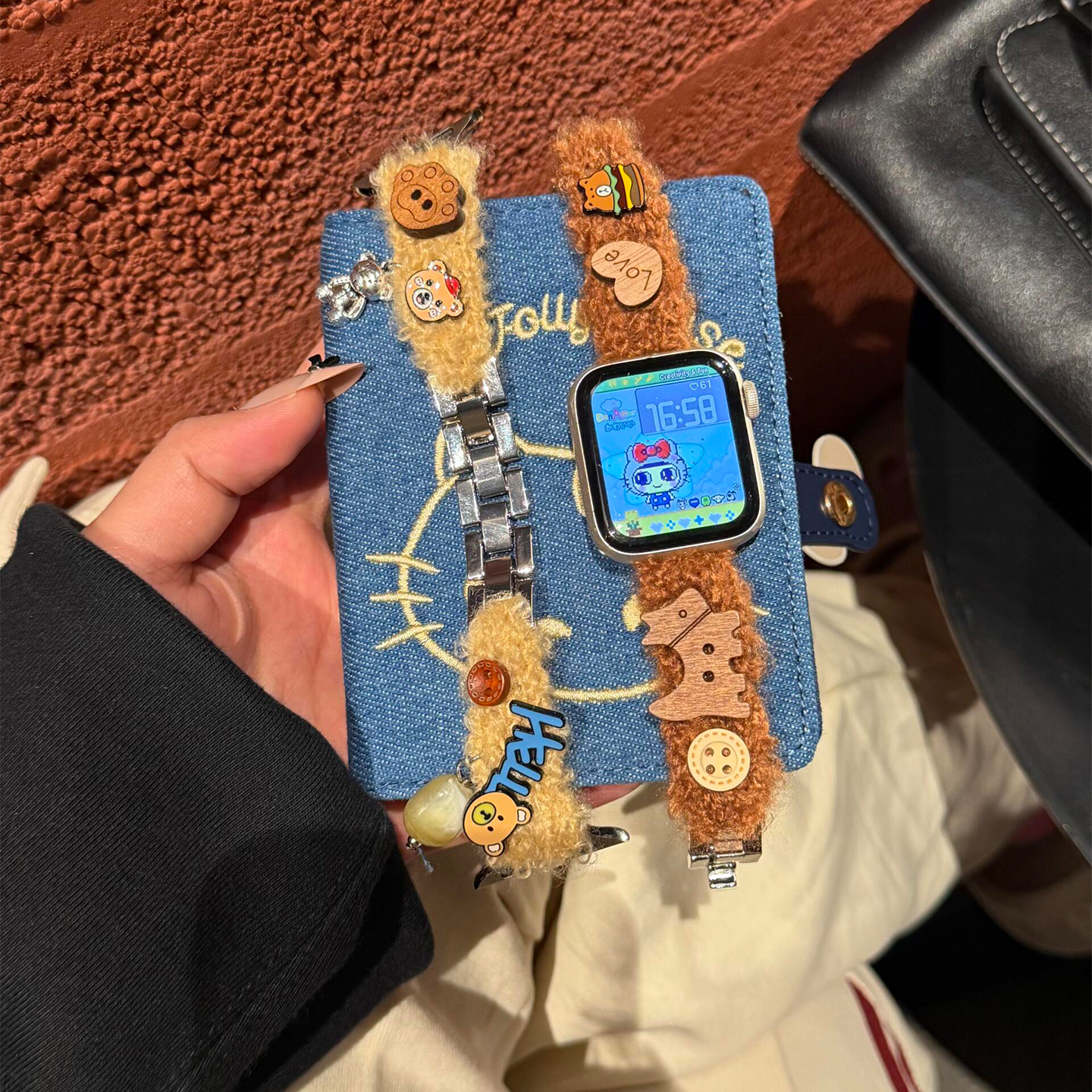 适用苹果手表表带s11羊羔毛小熊