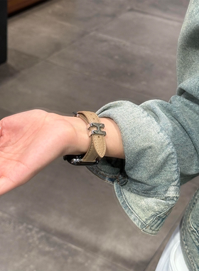 苹果s11手表表带真皮s10腕表带H扣applewatch9精致荔枝纹iwatch8细款针扣ultra高级女款简约se时尚气质替换带