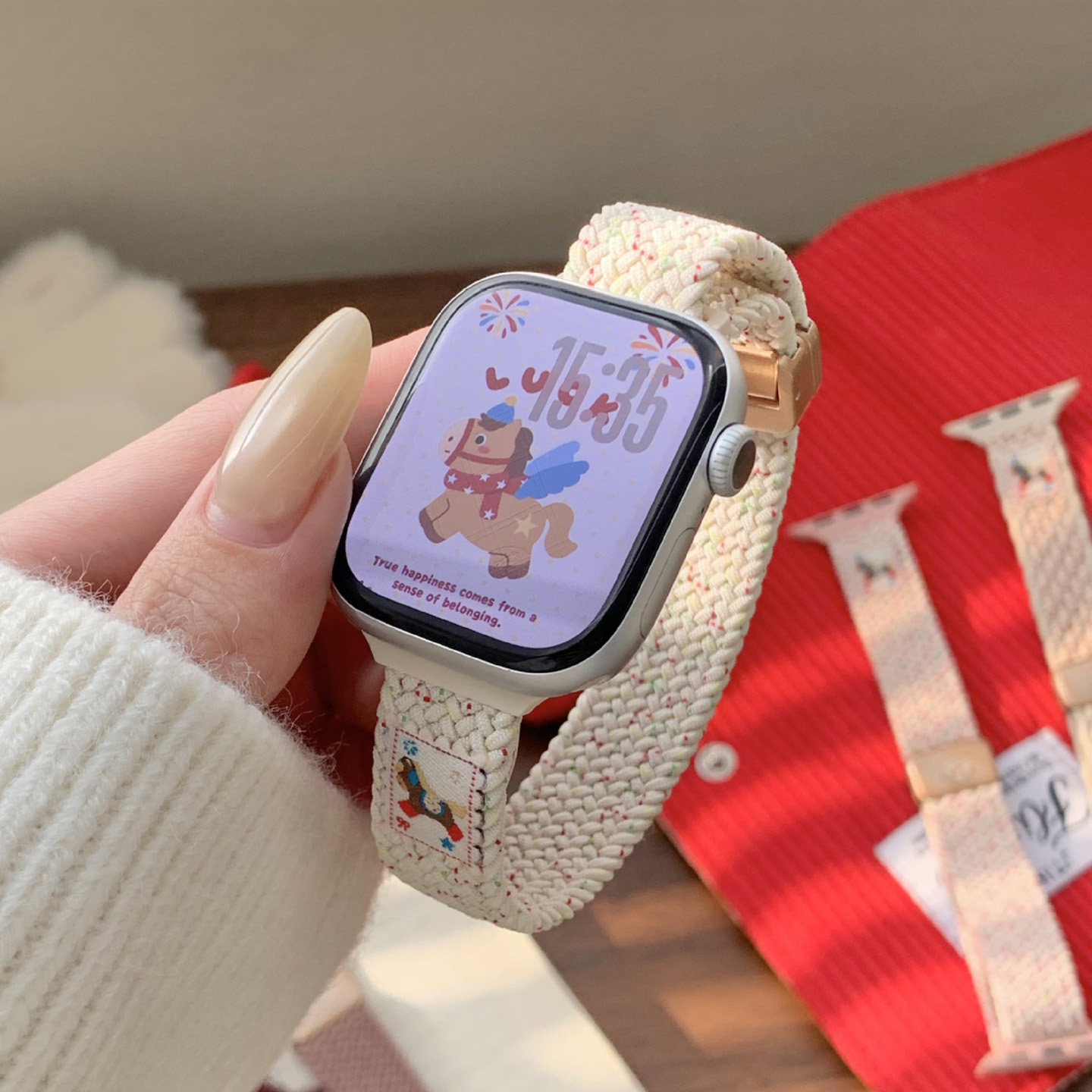 2026马年新款适用苹果watchs11手表带iwach10弹力尼龙编织磁吸回环运动S9/8/7透气男腕带夏天透气红色时尚se图片