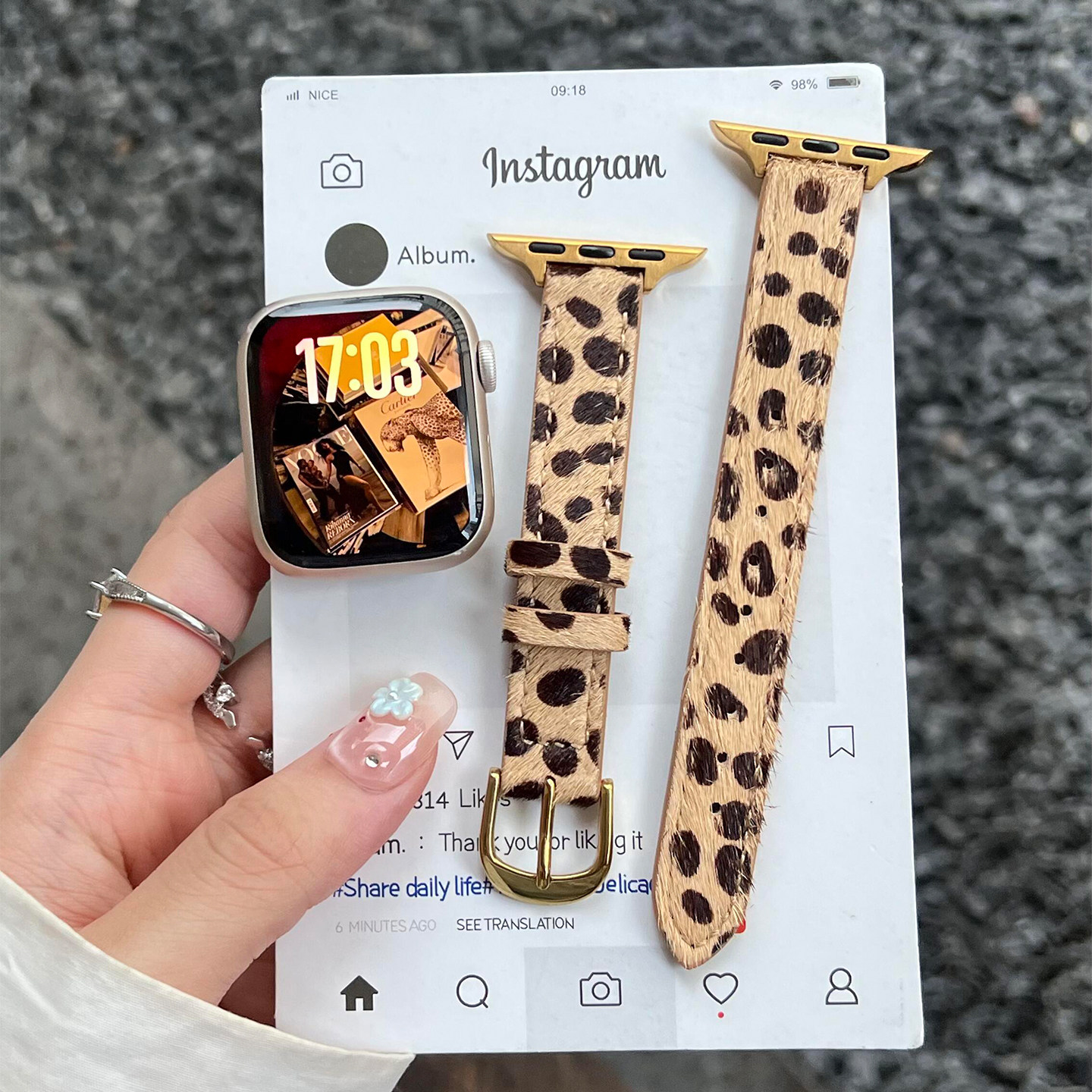 适用苹果iwatch手表表带s11豹纹真皮腕带女款applewatch10细款高级时尚s9/8/7智能舒适成熟ultra小众金扣se秋