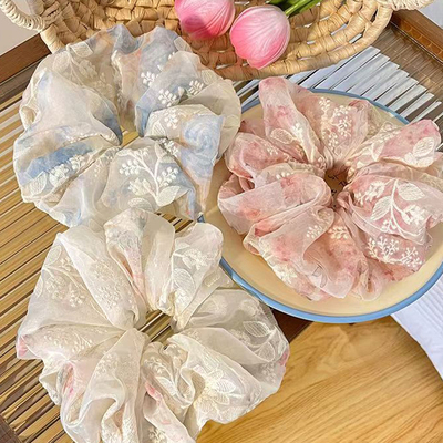 超大号刺绣网纱夏日大肠发圈女高级感碎花绸缎扎头绳粉色发饰2025