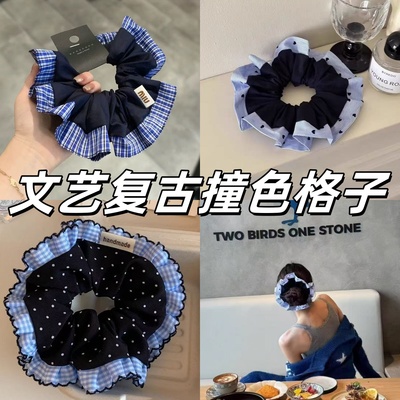 法式波点低马尾扎头发大号发饰头绳复古风文艺蓝色花边大肠发圈女