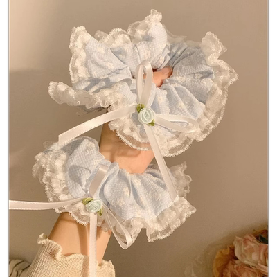 海盐少女~高级感韩系甜美花朵头绳发饰蓝色蝴蝶结蕾丝大肠发圈女