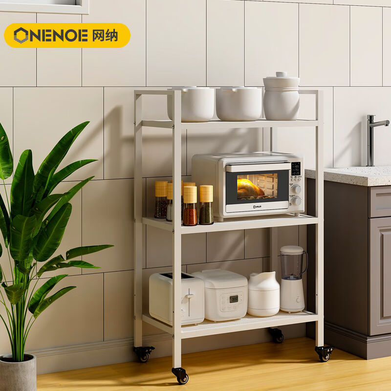2023网纳厨房置物架q落地收纳架微波炉E烤箱架带轮移动推车三层18
