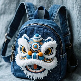 小红书爆款中国风醒狮双肩包个性国潮背包大容量轻便舞狮刺绣书包