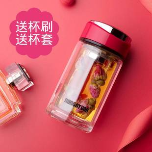 玻璃小茶杯双层i玻璃杯女士小巧便携迷你加厚水杯带盖可爱隔热杯
