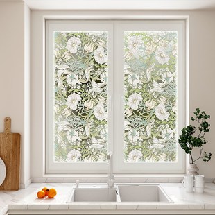 縢枝曼花浴室玻璃窗贴膜卫生间厨G房窗户贴纸静电磨砂防窥免 法式