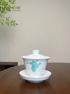 云镜白瓷碧蝶花影三才盖碗中式家用泡茶碗女士不烫手盖碗功夫茶道