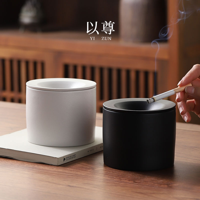 以尊粗陶磨砂烟灰缸家用陶瓷烟盅防飞灰灭烟神器个性茶台摆件