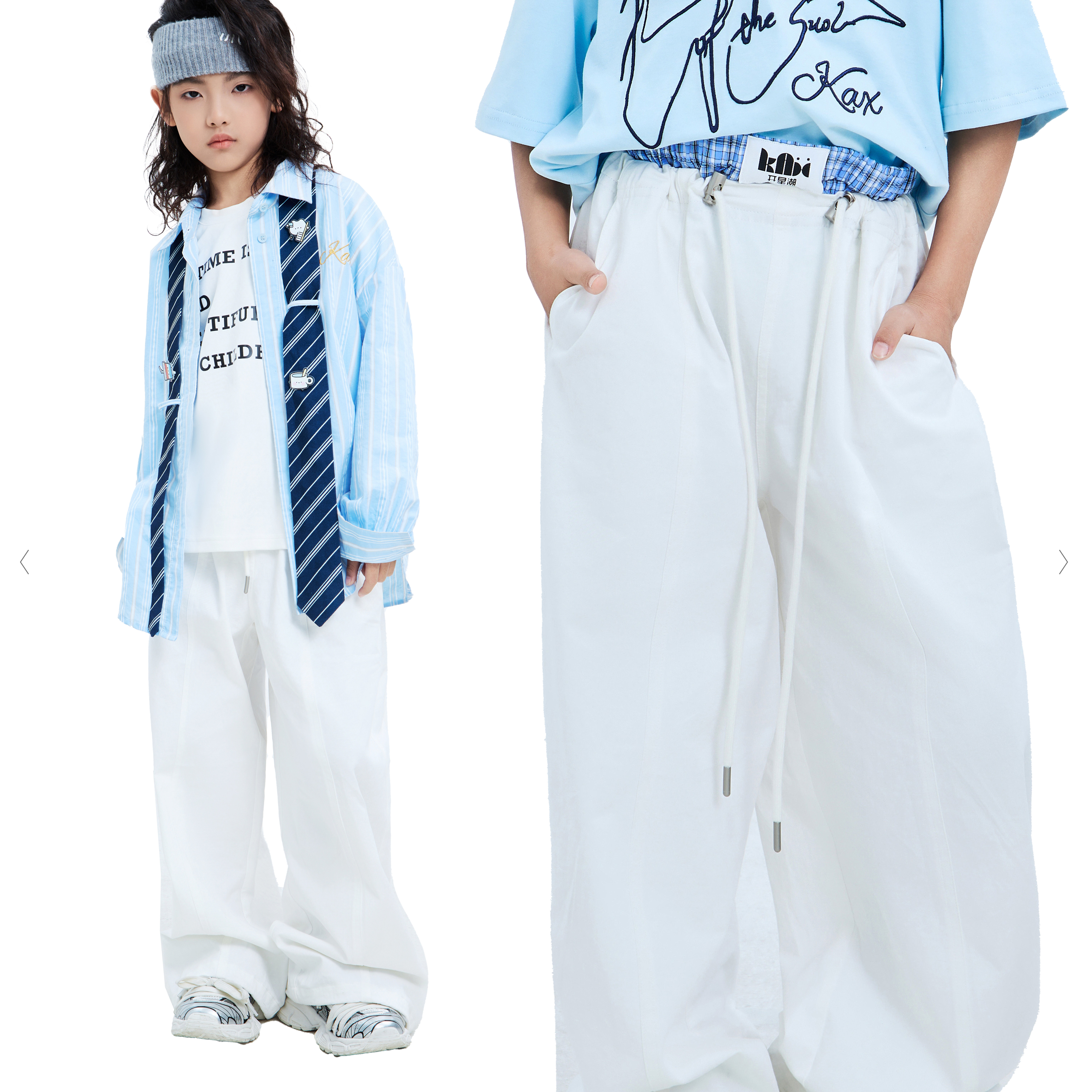 KAX· 2026春款儿童裤子百搭休闲双腰头白色/蓝色阔腿裤夏季