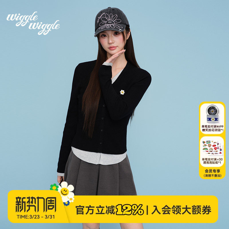 【徐若晗同款】wigglewiggle26早春复古毛衣V领针织开
