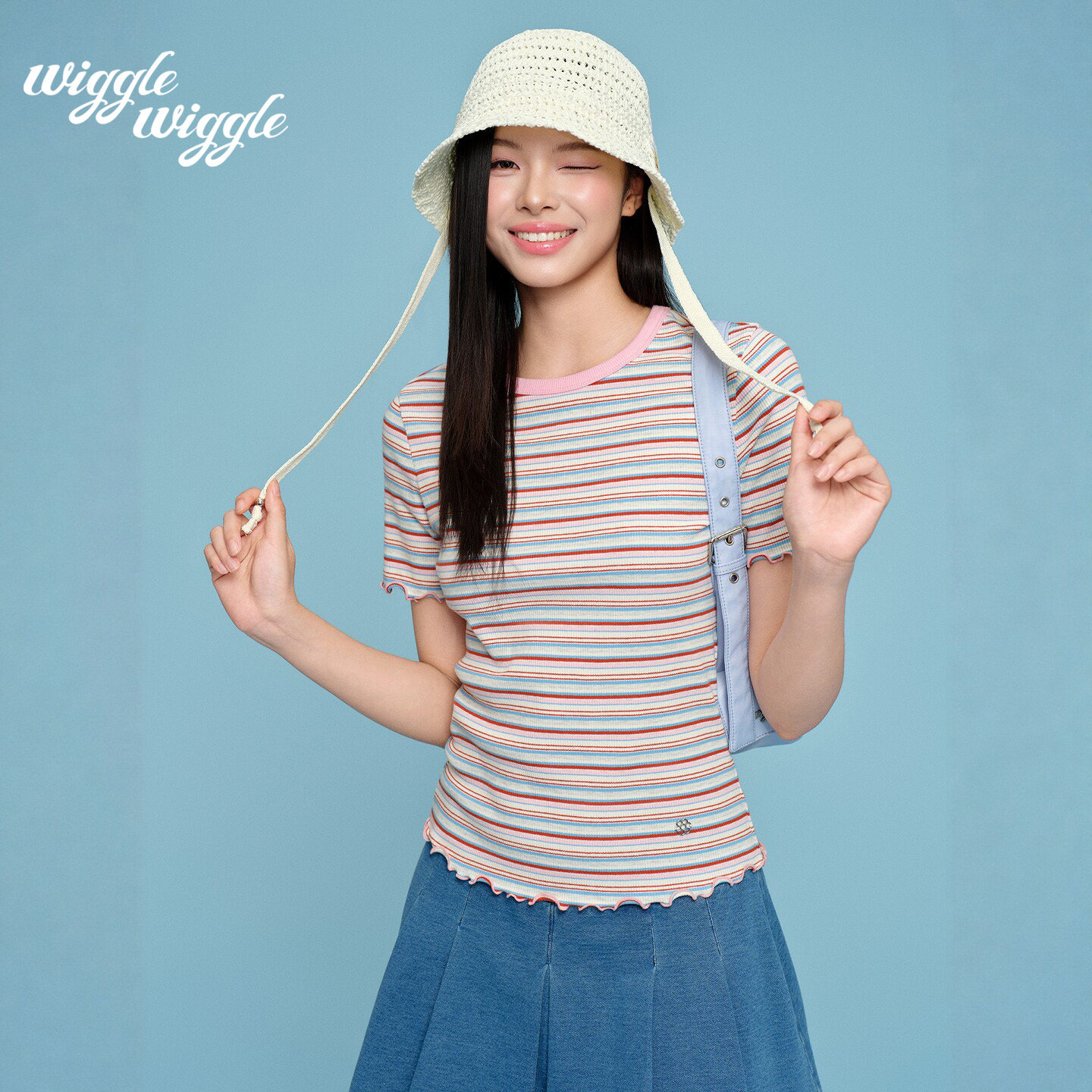 wigglewiggle26年夏季新款韩版休闲木耳边针织撞色条纹短袖t恤女